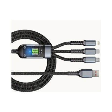 USB 3in1 black 100W fast charging cable 1.2m for type C, uUSB, iPhone
