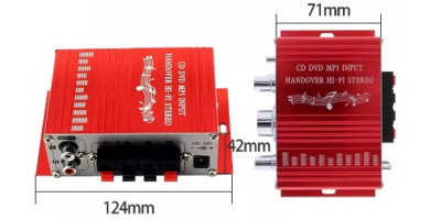 HiFi zosilňovač - case 12V, vstup AUX cinch, červený