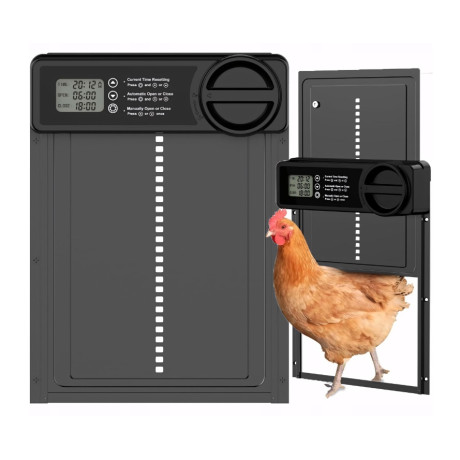 Aluminum chicken door with timer and anti-trap protection