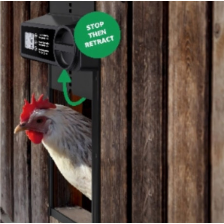 Aluminum chicken door with timer and anti-trap protection
