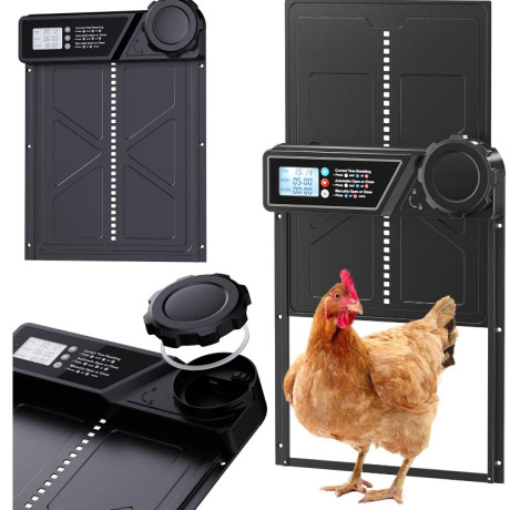 Aluminum chicken door with timer and anti-trap protection